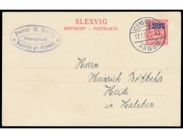 1. Zone:  Ganzsache 10 Öre aus Kastrup mit dänischem  Bahnpoststempel Vojens - Gramby - Arnum T - 41  17.6.20 nach Heide, Bed