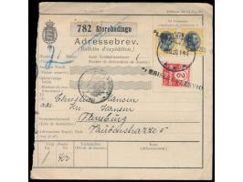 Dänemark  2 Öre und 2 x 35 Öre auf  Paketkarte  für ein Paket nach Flensburg, Stempel  Storehedinge  18.12.20 und 2 x  Einzei