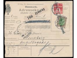Dänemark  2 Öre und 70 Öre auf  Paketkarte  für ein Paket nach Flensburg, Stempel  Jyderup  22.12.20 und 2 x  Einzeiler   "Pl