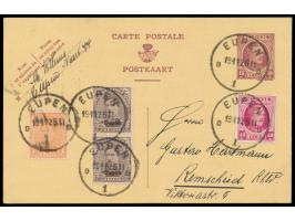 Eupen,  Belgien-Ganzsache 15 C. mit Zusatzfrankatur 40 C. und  Eupen 1 C. und 2 x 2 C.,  Stempel Eupen 19.11.25, nach Remsche