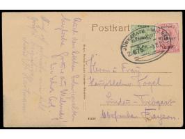 Eupen &amp; Malmedy:  Belgien 5 C. und 10 C. mit Aufdruck 5 Pf. bzw. 10 Pf. auf Ansichtskarte "Malmedy - Marktplatz m. Pfarrk