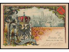 Litho-Ansichtskarte  "Gruss vom Deutschen Tage, Danzig, den 14. Sept. 1902"  mit Stadtpanorama, Ritter und Reichsadler mit Kr