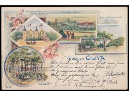 Gruss aus Oliva,  Litho mit 4 Teilbildern Thierfelds Hotel, 5 Pfg. Germania (unbedeutender Einriss), Stempel Oliva (Westpr) 1