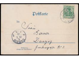 Gruss aus Oliva,  Litho mit 4 Teilbildern Thierfelds Hotel, 5 Pfg. Germania (unbedeutender Einriss), Stempel Oliva (Westpr) 1