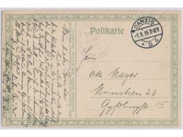 Feldpostkarte mit Stempel  Danzig 5  1.9.15 und Briefstempel Festungslazarett Danzig /  Hilfslazarett Loge Einigkeit  nach Mü