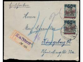 2 x 60 Pf. auf 75 Pf. auf Einschreibbrief mit Stempel Kalthof (Freistadt Danzig) 30.5.21 nach Königsberg, R-Zettel Wernersdor