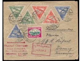 Luftpost-Einschreibbrief aus Riga / Lettland 12.1.29 nach Danzig, rückseitig großer grüner Aufkleber  "Zollamtlich abgefertig