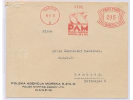 Absenderfreistempel  Polska Agencja Morska ,   Stempelkopf  Danzig 5  10.11.33, Bogenrechteck-Wertrahmen 15 Pf., Brief nach H