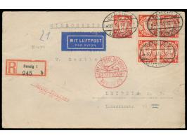 Viererblock und Einzelmarke 15 Pf. Staatswappen auf  Luftpost-R-Brief  mit Ovalstempel  Danzig 1 Luftpost  30.11.33 nach Leip