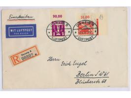 Flugpost 10 Pf. mit Eckrand rechts oben und 1 G. mit Oberrand auf Luftpost-Einschreibbrief nach Berlin, Ovalstempel  Danzig 5