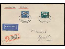 Flugpost 25 Pf. und 50 Pf. mit Wasserzeichen Hakenkreuze auf  Luftpost-Einschreibbrief  nach Berlin, Ovalstempel  Danzig 1 Lu