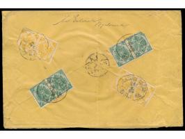 Steindruck 4 x 2 Kr. gelb und 4 x 3 Kr. grün (eine Marke beschädigt) in waagerechten Paaren rückseitig auf  Einschreibbrief  