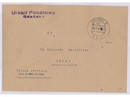 Polnische Post,  Brief mit Stempel  Gdansk 2  4.7.45 als portofreie Postsache nach Sopot, Absenderstempel "Urzad Pocztowy / G