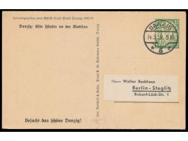 WHW-Lotterie-Ganzsache  10 Pf. im Dreierstreifen, Bild Danzig: Alte Häuser ... mit Wertstempel, Danzig: St. Marien ... und Dr