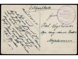 Briefstempel des  Flugzeugmutterschiffs S.M.S. Glyndwr  als alleiniger Aufgabestempel auf Feldpostkarte (Ansicht Schwarzort) 