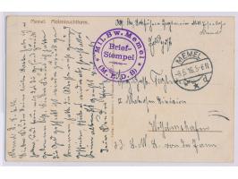 Stempel  Memel d  8.6.16 und Briefstempel  Mil. Bw. Memel (M.E.D.8)  auf Feldpostkarte (Ansicht Molenleuchtturm) an S.M.S. v.