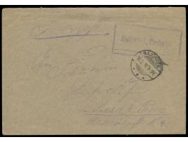 Stempel  Bajohren  16.2.19 und seltener viol. R2  Bahnhof Prekuln / ...  auf Feldpostbrief nach Lissa i. Posen, handschriftli