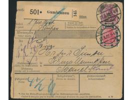 Paketkarte  mit Dt. Reich 4 M. und 5 M. auf 75 Pf. von  Gumbinnen  27.3.22 nach Schmalleningken, Ankunftstempel  Schmallening