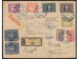 Luftpost-Eilboten-Einschreibbrief  aus Österreich via Prag  nach Memel,  Flugpostmarken und Freimarken beidseitig frankiert, 