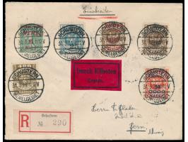 Auslands-Eilboten-Einschreibbrief mit Mischfrankatur in die Schweiz, Gesamtfrankatur 981 M., neuer Stempel  Schustern / Memel