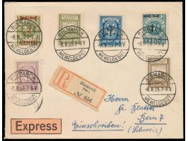 2 C. und 1 L. zusammen mit 4 Werten der bereits ungültigen Hafenjubiläumsausgabe auf Auslands-Eilboten-Einschreibbrief in die