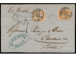 kleiner K1  Smirne  19.2.70 auf unfrankiertem Faltbrief nach Italien, R3 Piroscafi Postali Italiani, Durchgangsstempel Brindi