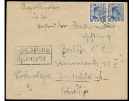 2 x &nbsp;Litauen &nbsp;60 C. auf &nbsp;Einschreibbrief &nbsp;mit Stempel &nbsp;Klaipeda &nbsp;18.1.38 nach Deutschland, schw