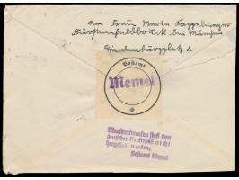 Brief aus Fürstenfeldbruck 23.3.39 an das Postamt Memel, mit violettem L4  "Überdruckmarken sind von deutscher Reichspost nic