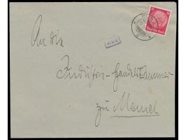 aptierter litauischer Stempel  Rus ...  29.III.39 ("ne" aptiert) und  violetter R1  Ruß  auf Brief mit 12 Pf. Hindenburg an d