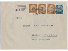 schwarzer R1 &nbsp;Gaidellen &nbsp;und Datum-L1 4.IV.1939 auf Brief mit 3 x 3 Pf. und 4 Pf. Hindenburg nach München, schwache