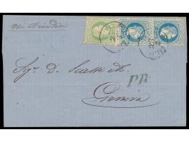 Ausgabe 1867: 3 Sld. und 2 x 10 Sld. (grober Druck) auf Faltbriefhülle nach Italien, 2 x seltener K1  Gallipoli nel Levante  
