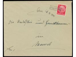 schwarzer R1  Jagstellen  und datum-L1 9.IV.1939 auf Brief mit 12 Pf. Hindenburg (unten links kleiner Eckfehler) an die Indus