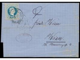 Ausgabe 1867  10 Soldi auf Faltbriefhülle nach Wien, Stempel  Volo  13.9.(1877), Durchgangsstempel Trieste 20.9., Ankunftstem