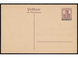 1920, Ganzsachen-Doppelkarte 15 Pf. Germania mit  "Saargebiet"-Aufdruck Type III  (18 x 3,4 mm), ungebraucht, angeblich nur 2