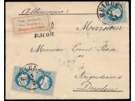 waagerechtes Paar und Einzelmarke 10 Soldi (Ausgabe 1867) auf  Einschreibbrief  mit Stempel  Beirut  21.2.82 nach Dresden, Ei