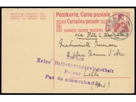 Schweiz-Ganzsache 10 Rp. mit Stempel Aigle 4.1.15  nach Lille  im besetztem Nordfrankreich, Leitvermerk "via Bâle u. Deutschl
