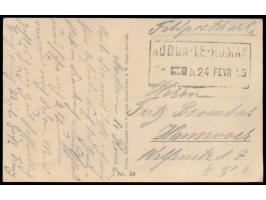 großer Rahmenstempel  Audun-Le-Roman  24. Fevr. 15 als Aufgabestempel auf Feldpostkarte (Ansicht des zerstörten Audun-le-Roma