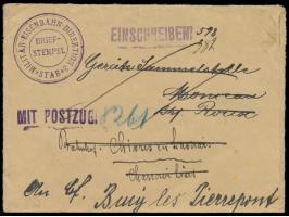 Eisenbahn-Dienst-Einschreibbrief  mit Briefstempel Militär-Eisenbahn-Direktion 3 / Stab nach Bahnhof Roux, weitergeleitet an 