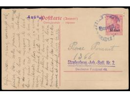 Ganzsachen-Antwortteil 10 C. mit Setzkastenstempel  "August"  als monatliche Karte an einen Franzosen im  Strafgefangenen-Arb