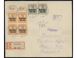 Paar 2 1/2 Pf. und  Oberrand-Viererblock  7 1/2 Pf. (Plattendruck)  auf  Einschreibbrief  mit Stempel  Poniewiez a  3.8.16 na