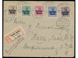 Satz-Einschreibbrief mit Stempel  K. D. Feldpoststation Nr. 48  4.8.15 und  R-Zettel Preuß.-Herby (Kr. Lublinitz)  nach Halle