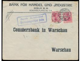 2 x 10 Pf. (MiNr. 86) mit Firmenlochung auf Brief der "Bank für Handel und Industrie" mit Stempel Berlin 5.11.15 nach Warscha
