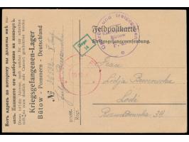 Vordruckkarte des Kriegsgefangenenlagers Bütow vom 5.10.1916 nach Lodz, violetter und grüner Lagerzensurstempel, roter Zweikr
