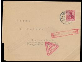 10 Pf. auf Streifband mit Stempel Remscheid 1 6.1.17 nach Warschau, roter Zensur-R1 Posen und roter Zustellgebührstempel  Poc