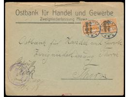 2 x 7 1/2 Pf. auf Brief der "Ostbank für Handel und Gewerbe ..." nach Thorn, Stempel  Mlawa  10.8.18, links unten handschrift
