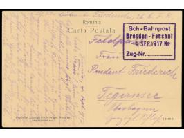 seltener R4  Sch-Bahnpost Dresden Focsani  4. Sep 1917 Nm / Zug-Nr. ... auf Feldpostkarte (Ansicht Sinaia) nach Deutschland, 