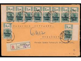 10 x 5 Bani mit Walzendruck-Oberrändern bzw. Eckrändern (komplette 1. Bogenreihe) auf &nbsp;Einschreibbrief &nbsp;mit Stempel