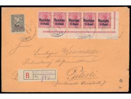 10 Bani als waagerechter  Eckrand-Fünferstreifen  links unten (Plattendruck) mit Zwangszuschlagsmarke 5 Bani auf  Einschreibb