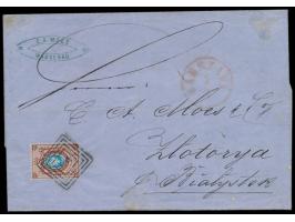 Russland,  Ausgabe 1866: 10 Kop. (waagerecht gestreiftes Papier) mit quadratischem  Nummernstempel 1  und rotem Stempel Warsz