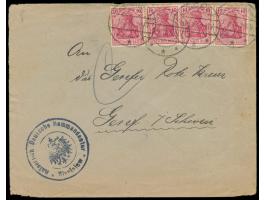 Brief über die Deutsche Feldpost an das Rote Kreuz in Genf, Frankatur 4 x 10 Pf. für die 2. Gewichtsstufe, Tarnstempel  Deuts